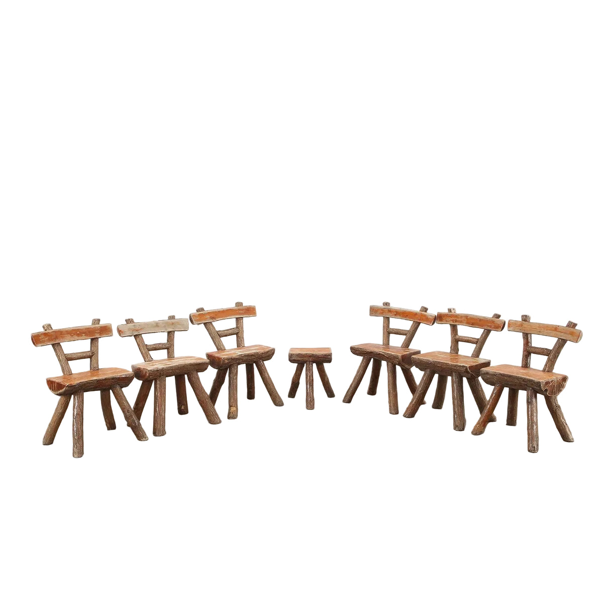 Rustic Lodge Dining Set of Six Handcrafted Log Chairs & One Matching Stool