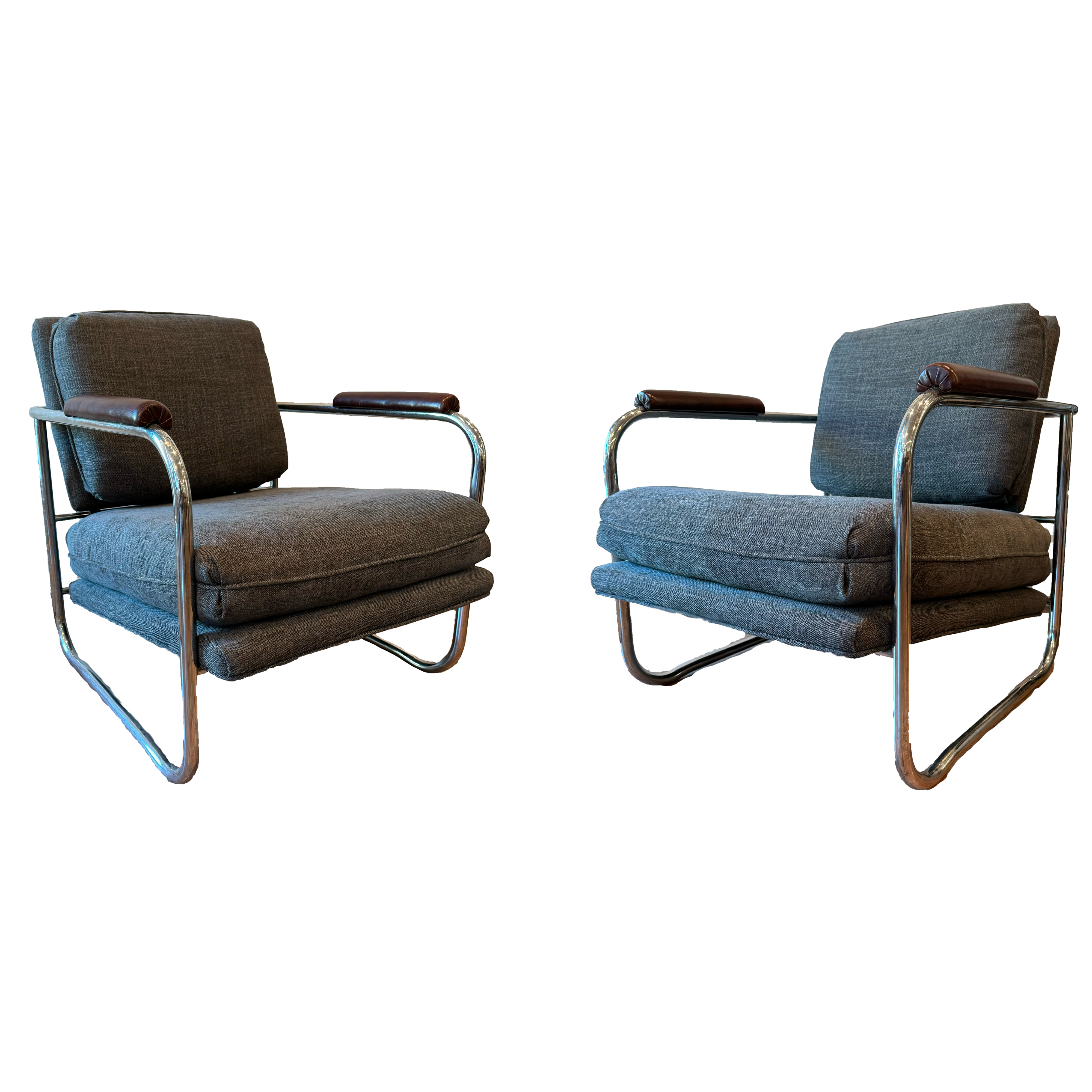 Mid Century Chrome Tube and Upholstered Arm Chairs - Pair
