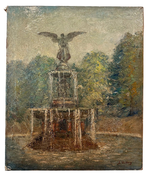 Bethesda Fountain, Early-Mid Centruy Oil on Canvas, signed J. Csillag