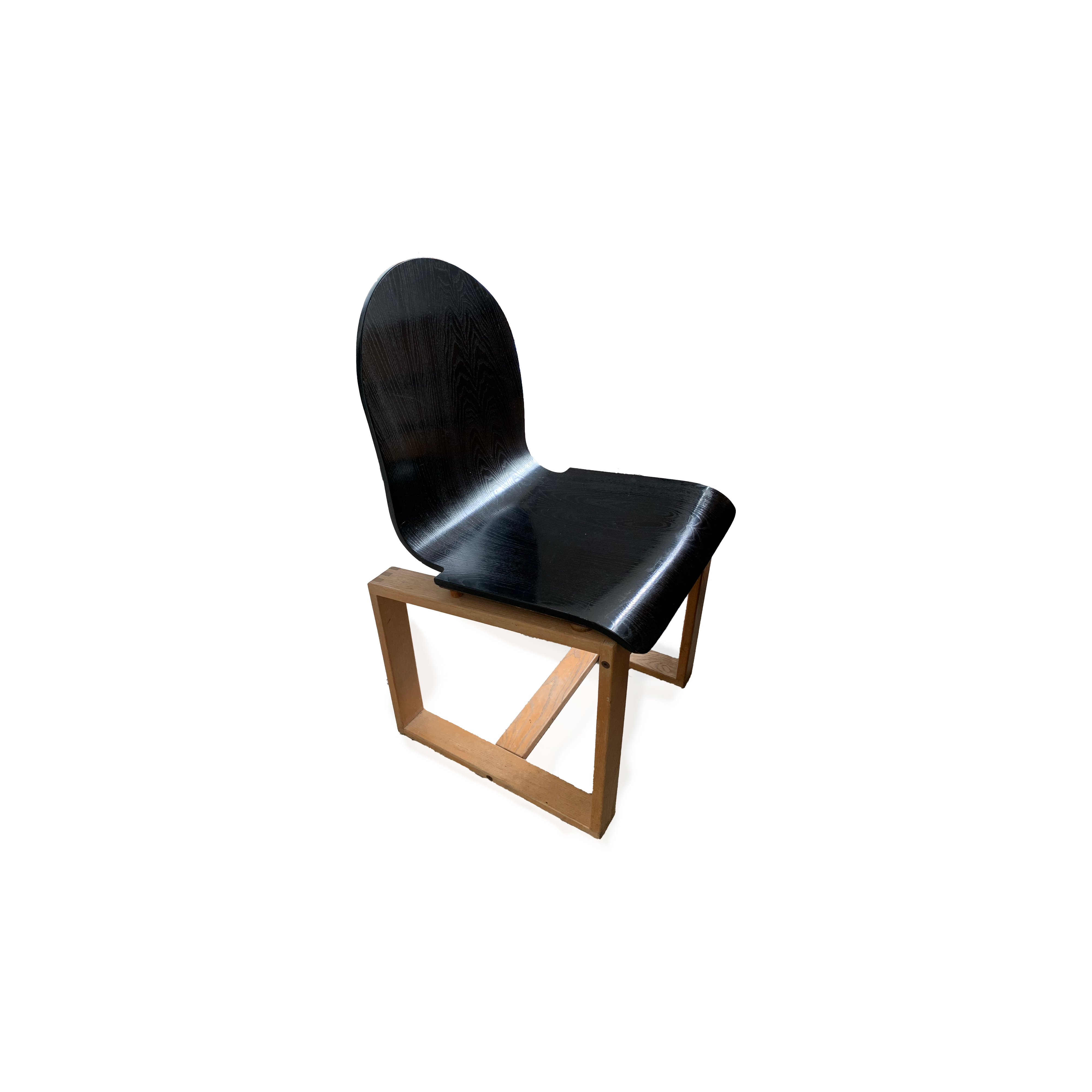 Mid-Century Italian Chair with Cubic Wood Structure and Curved Seat